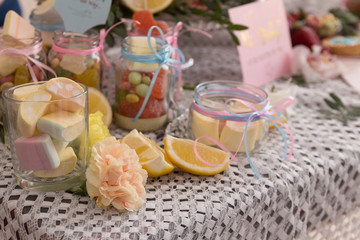 Baby shower party and cake, candies, marshmallows, cakepops, fruits on dessert table