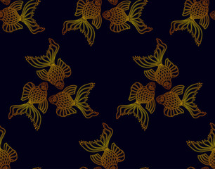 Vector seamless pattern from golden goldfish on dark background. Fish background