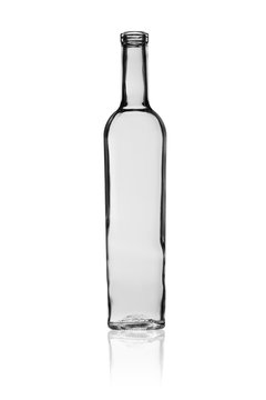 empty glass bottle for strong alcoholic drinks with reflection isolated on white background