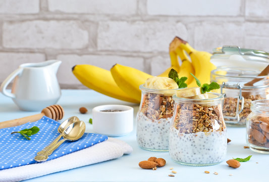 Yogurt with chia seeds, granola and banana for breakfast. Good morning!