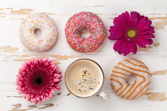 Coffee, donuts and flowers