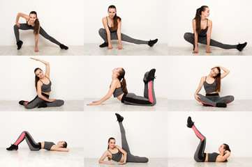 Collage of young woman doing fitness exercises