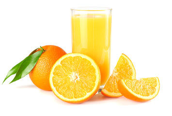 orange juice with orange and green leaf isolated on white background. juice in glass