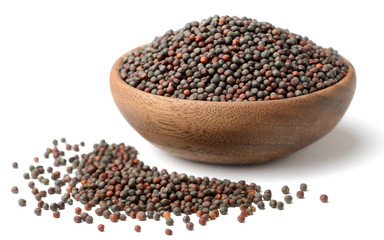 dried canola seeds in the wooden plate, isolated on white