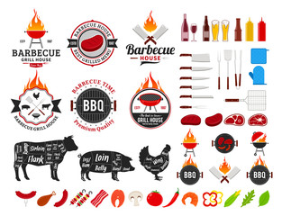 Set of vector barbecue logo, labels and icons