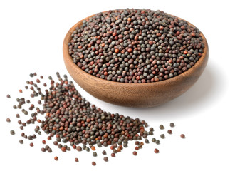 dried canola seeds in the wooden plate, isolated on white