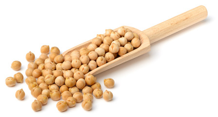 dried chickpeas in the wooden scoop, isolated on white