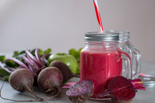 Healthy dietary detox food, fresh smoothie made from young red beets, copy space