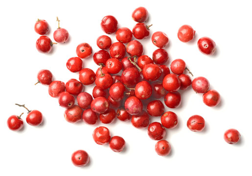 dried pink peppercorns isolated on white, top view