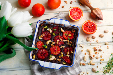 salty blood orange brownies with nuts and thyme