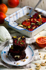 salty blood orange brownies with nuts and thyme