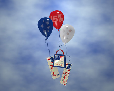 Luftballon mit Sternen, Sale 15%, Papiertasche und Werbebanner mit Wolkenhimmel für den amerikanischen unabhänigkeitstag. 3d render