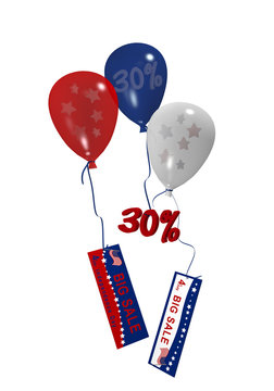 bunte Luftballons in rot, blau und weiß mit Sale 30% und Werbebanner für den amerikanischen Unabhänigkeitstag. 3d render