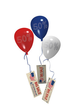 Luftballons in rot, blau und weiß mit Sale 50% und Werbebanner für den 4. Juli. 3d render