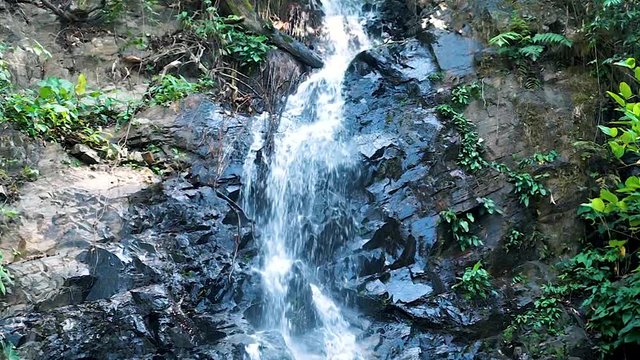 Beautiful waterfall in green forest in jungle. Tropical rain forest with waterfall. Malaysia, Langkawi, Duran waterfall