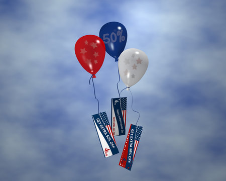 Luftballons mit Sternen, Sale 50% und Werbebanner mit Wolkenhimmel für den 4. Juli. 3d render