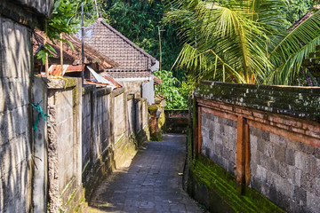 Small narrow street in Ubud city, Bali island, Indonesia