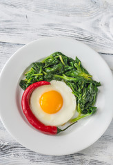 Fried egg with spinach and fresh chilli