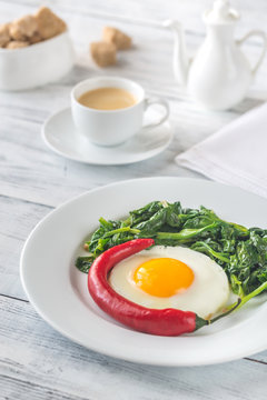 Fried egg with spinach and fresh chilli