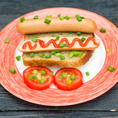 Simple breakfast. Sausage sandwich snack and vegetables on whole grain bread sprinkled with chopped onions. In white with a red dish.