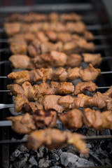 Grilling shashlik on barbecue grill, only pork.