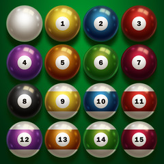 Billiards, full set of billiard balls isolated on a green background. Snooker. illustration