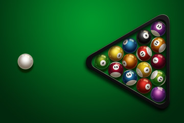 sports theme with billiards, a full set of billiard balls, cue, on a green background. top view, flat lay, copy space, snooker. illustration