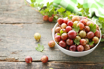 Ripe gooseberries fruit in bowl with tree branch on wooden table