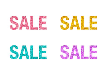 Typography glitter sale. Pink, gold, blue, purple colors. 