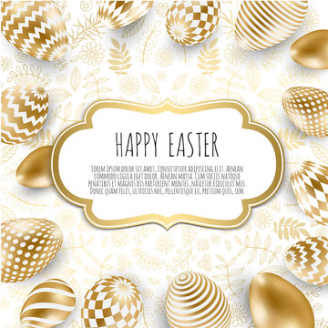 Happy Easter background with realistic golden shine decorated eggs