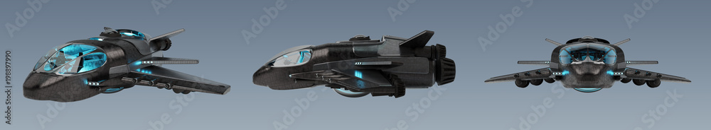 Poster Futuristic spacecraft collection isolated on grey background 3D rendering
