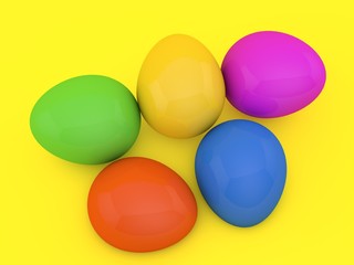 Easter eggs on a yellow background. 3d render illustration.