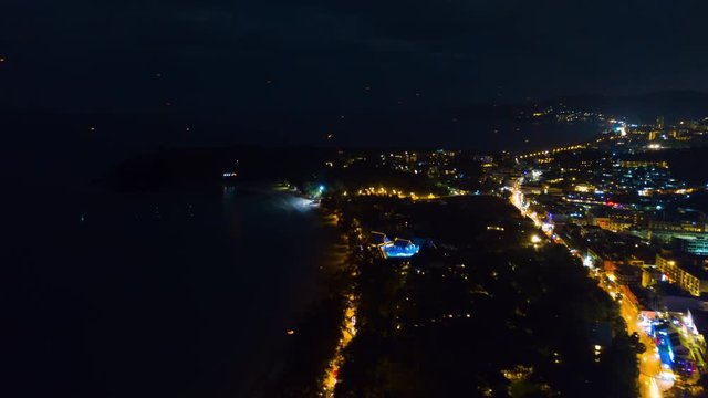 night illuminated phuket island beach traffic road aerial panorama 4k timelapse thailand
