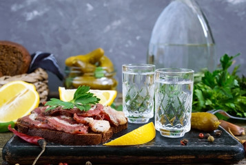 Two shot glasses of vodka with lemon slice, pickled cucumbers and rye bread with salted bacon on the dark background. Traditional strong drink and appetizer. Close-up.