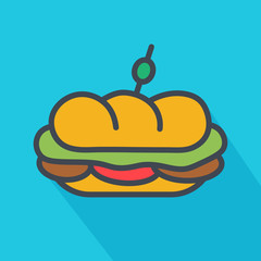 Simple, flat, small sub sandwich icon. Casting a shadow. Isolated on a light-blue background