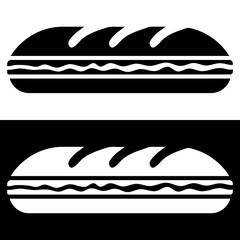 Simple, flat, long sub sandwich silhouette illustration. Black and white versions