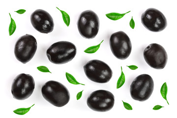 whole black olives isolated on white background. Top view. Flat lay pattern