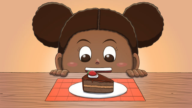 Close-up illustration of a black girl staring at a cake slice on the table.