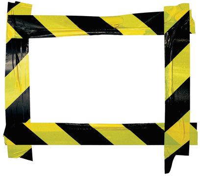 Yellow Black Caution Warning Tape Notice Sign Frame Horizontal Adhesive Sticker Background Diagonal Hazard Stripes Signal Safety Attention Concept Isolated Large Closeup Old Aged Grunge Pattern