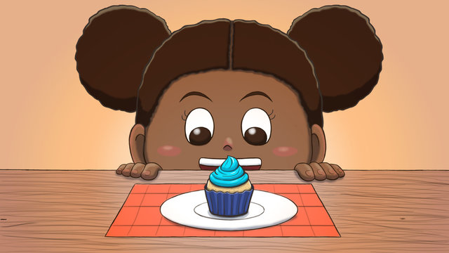Close-up illustration of a black girl staring at a blue cupcake on the table.