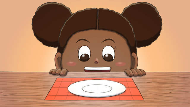 Close-up illustration of a black girl staring at an empty plate on the table.