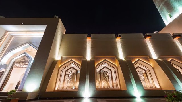 night illumination doha city mosque front panorama 4k timelapse qatar
