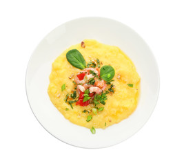 Plate with tasty shrimps and grits on white background, top view