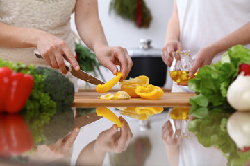 Closeup of human hands cooking in kitchen. Mother and daughter or two female cutting bell pepper for fresh salad. Healthy meal, vegetarian food and lifestyle concepts