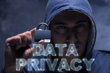 Data privacy concept with hacker stealing personal information