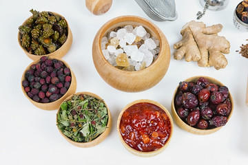 tea for health, ginger tea, flax, grass, strawberries, cones, hawthorn, canina-rose