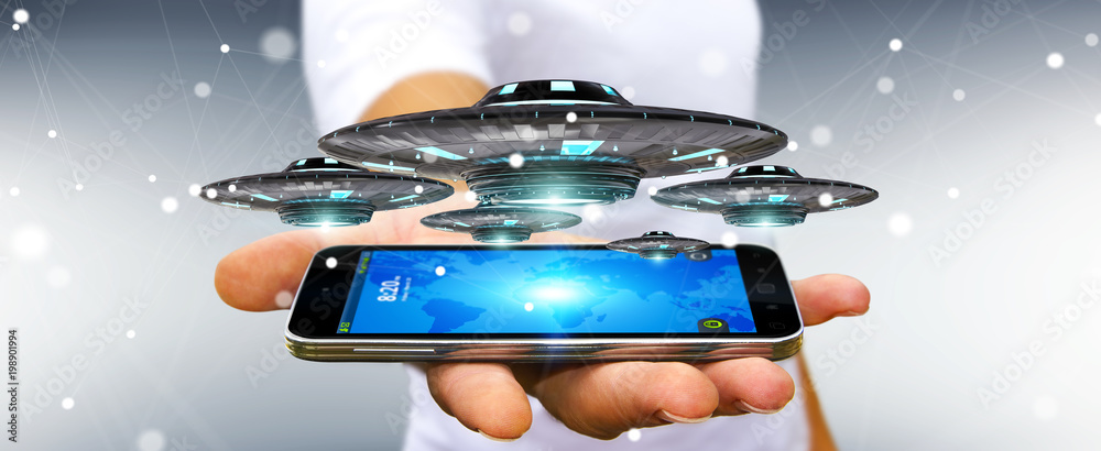 Poster Businessman with retro UFO spaceship 3D rendering