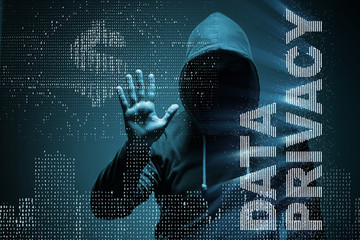 Data privacy concept with hacker stealing personal information