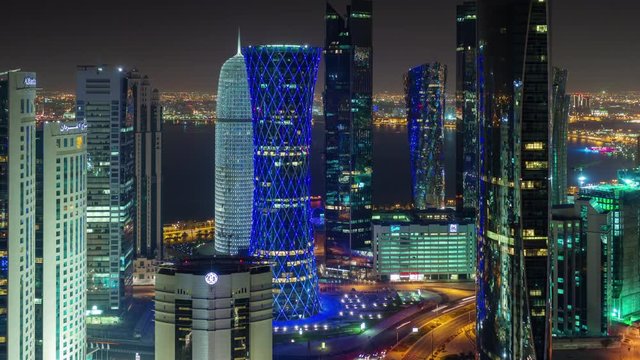 night illuminated doha city rooftop downtown panorama 4k timelapse qatar

