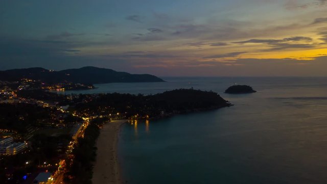 phuket island sunset sky night illuminated beach aerial panorama 4k timelapse thailand
